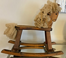 Handmade Child's Wooden Rocking Horse, Solid Wood With Yarn Mane And Tail