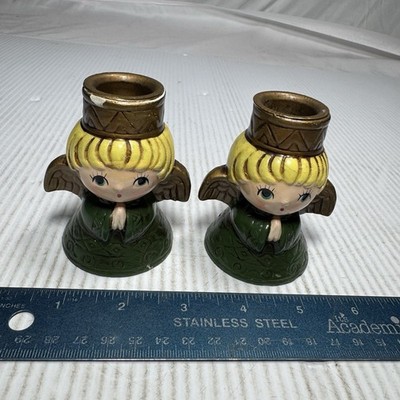 Lot of 2 wolin angel candle holders Made japan. Green praying. paper mache. Vtg