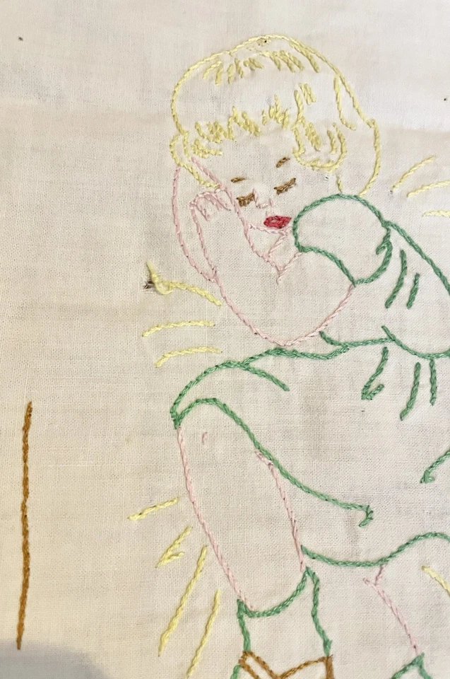 Vintage Fabric Embroidered Girl  Quilt Square Panel Pillow 9x16 Linen Craft Pc - Image 2 of 2