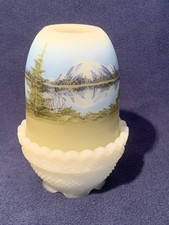 SAMPLE Fenton Mountain Reflections Uranium Custard Fairy Lamp Signed 1981 RARE