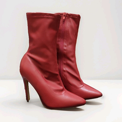 Red Patent Leather Mid-Calf Pointed Toe Stiletto Booties with Zipper, Size 6.5