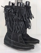MINNETONKA STYLE 1689 Size 8 BLACK SUEDE 2 LAYER FRINGED MID-CALF BOOTS NWOB