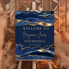 Personalized Navy and Gold Agate Welcome Sign - Elegant Entryway Decor FoamBoard