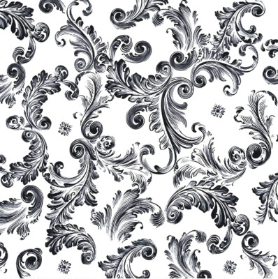 (1942) TWO Individual Paper LUNCHEON Decoupage Napkins BLACK WHITE FLOURISHES