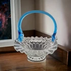 1970's Fenton Clear Basket Blue Applied Handle Crimped Ruffled Edge Thumbprint