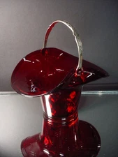 Scarce Fenton Art Deco Amberina Ruby Diamond Optic Handled Basket Pattern #1502 