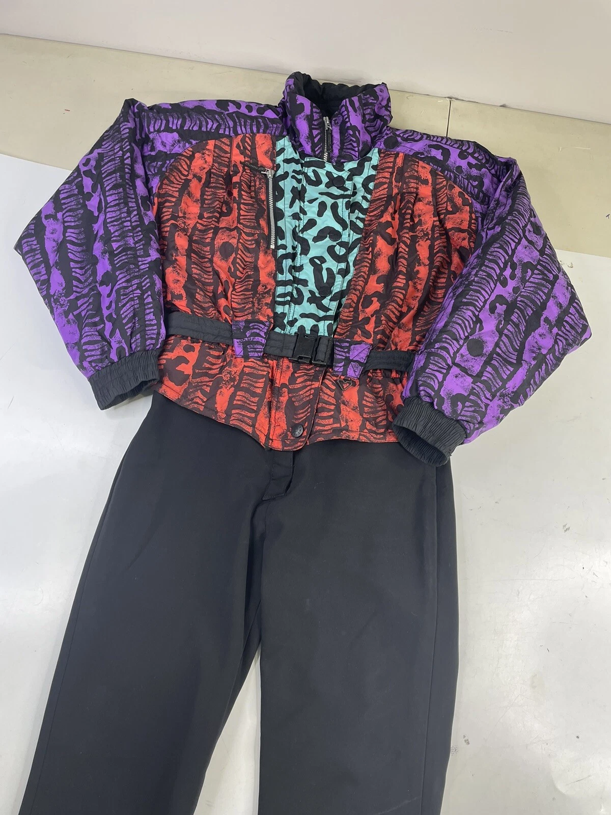 Obermeyer Women Ladies 14 Ski Snow Suit Jacket Print Shoulder Pads Retro Vintage