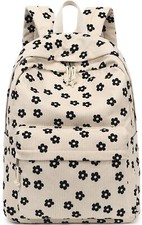 Beige Corduroy School Backpack for Teens Floral Laptop Daypack for Women