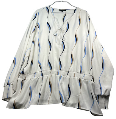 Alfani Blouse Womens plus size 3X White Long Sleeve Peplum Smocked Top Vneck New
