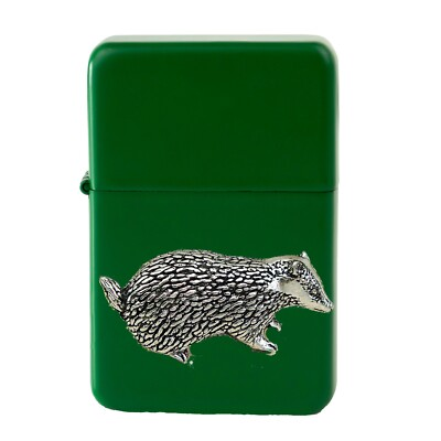 #ad #ad A8 Badger Pewter design on a GREEN flip top petrol lighter windproof GBP 14.95