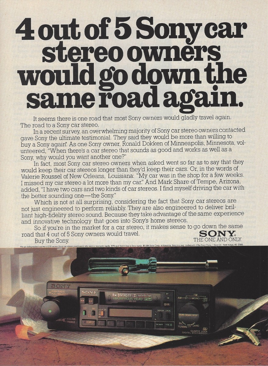 1984 Sony Car Stereo Cassette Radio XR-100 vintage print ad 80's