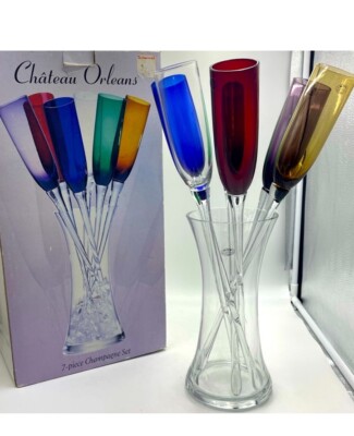 Château Orleans 7pc Handcrafted/Mouth Blown Champagne Wine Flutes w/ Ice Chiller