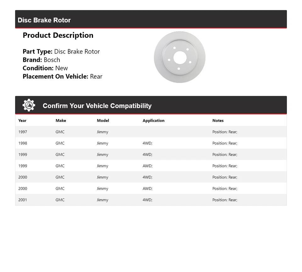 Rotor de freno de disco trasero QuietCast 1997-2001 GMC Jimmy Bosch 1998 1999 2000 Foto 2 de 4