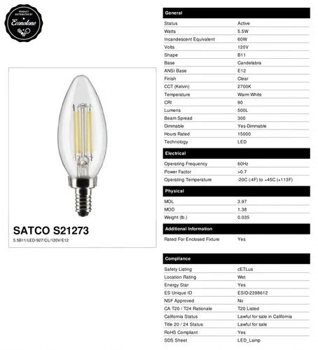 6 Pack Satco S21273 LED Filament 120V 5.5W 60W Torpedo B11 Candelabra E12 2700K - Picture 12 of 12