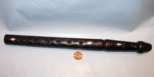 Vintage ethnic wooden Wood Flute Pearl Inlay brass 12 1/2" musical instrument