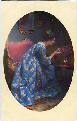 Oblaten scrap chromo Karte Jugendstil Dame in Blau MB Serie 2528 14 cm