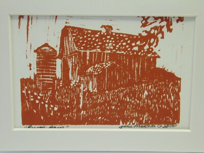Rustic Barn - Linocut print - rust ink - matted 7''x5''