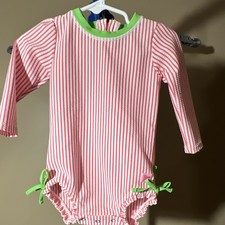RuffleButts Girls Striped Long Sleeve One Piece Swimsuit Zip Ruffle 12-18M
