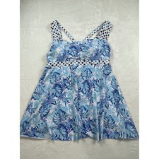 Blue Tropical Floral Polka Dot Swim Dress Criss Cross Back Womens Plus 2XL