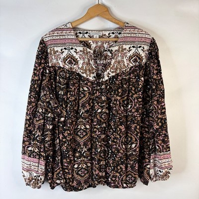 LA Threads Blouse Women 3X Black Medallion Boho Paisley Long Sleeve Peasant Top
