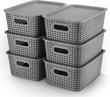 6 Plastic Storage Baskets Bins W/ Lid Organizing Container Lidded Knit Storage