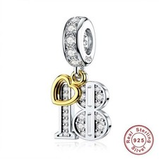 S925 Sterling Silver 18th Birthday Gold Tag Dangle Heart Charm For Bracelet