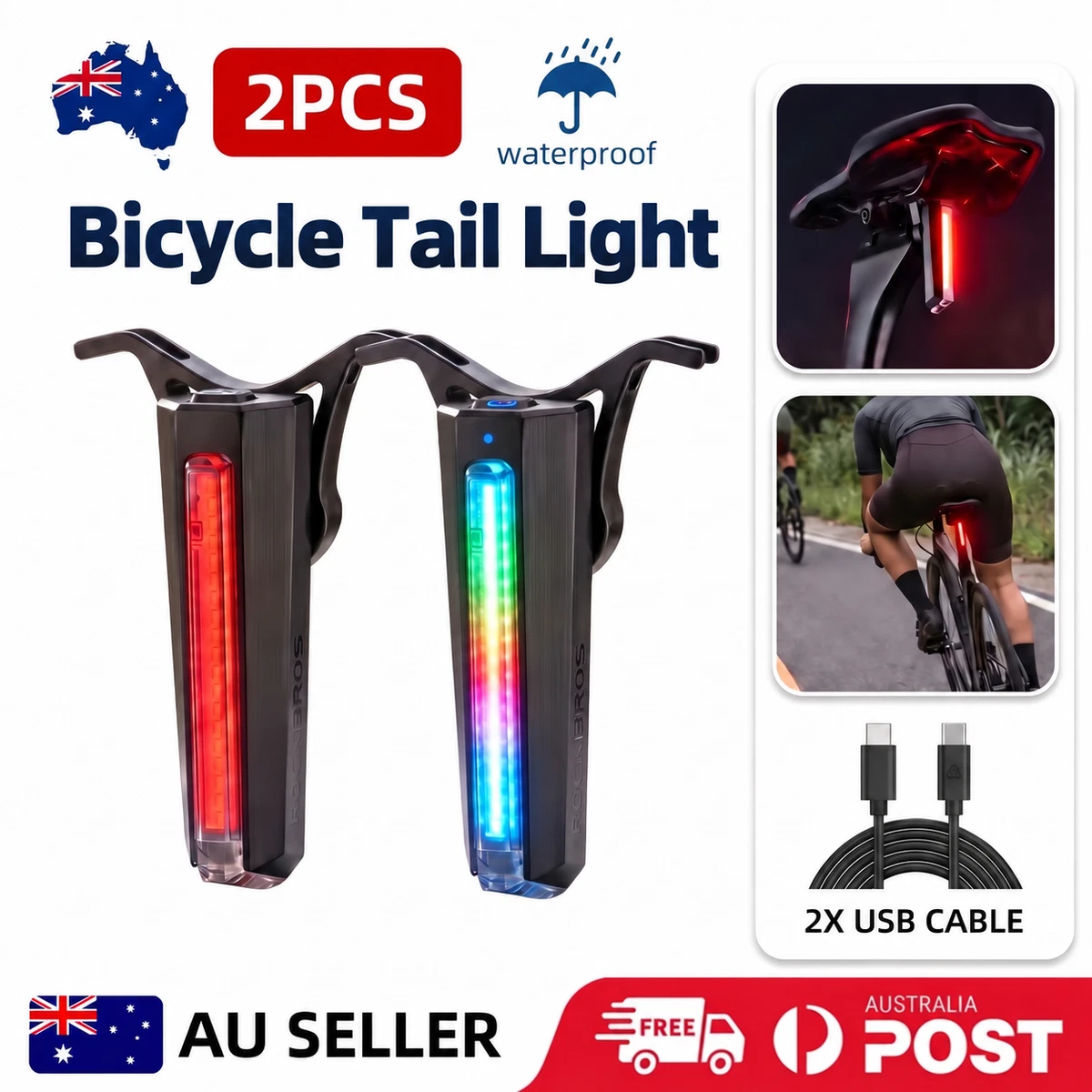 ROCKBROS 2-Pack Bike Rear Lights USB-C Rechargeable Waterproof LED Taillights