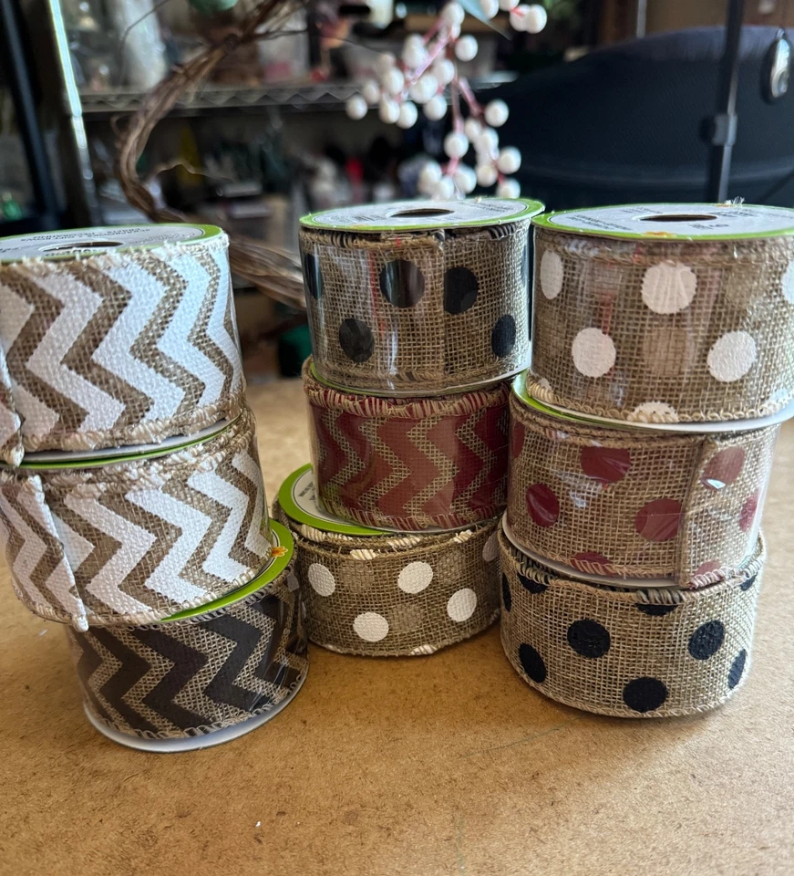 9 rolls Dots & Stripes Burlap Ribbon - Red, White & Black - 9 foot Rolls - Image 2 of 4