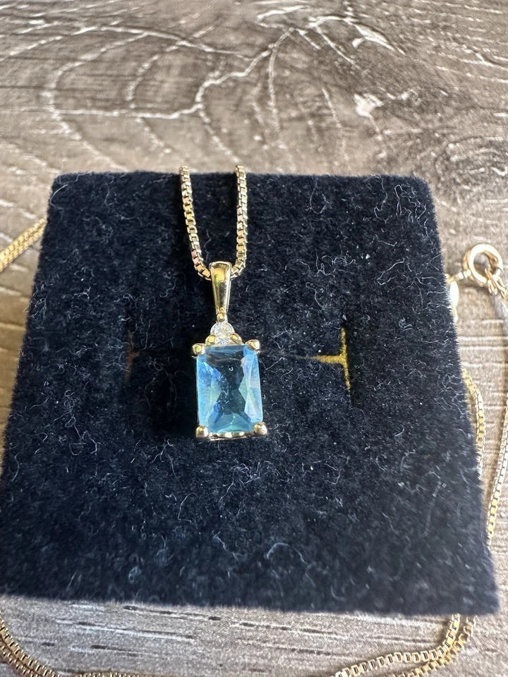 Elegant Gold Necklace with Simulated Blue Topaz and Cz Gemstone Pendant 18 inch - Image 2 of 4