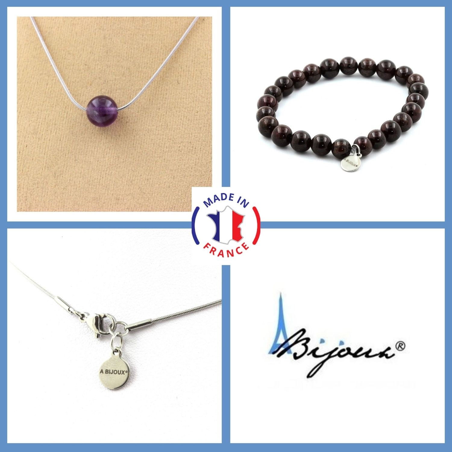 Parure bijoux en grenat véritable avec bracelet et collier perle unique de 8mm