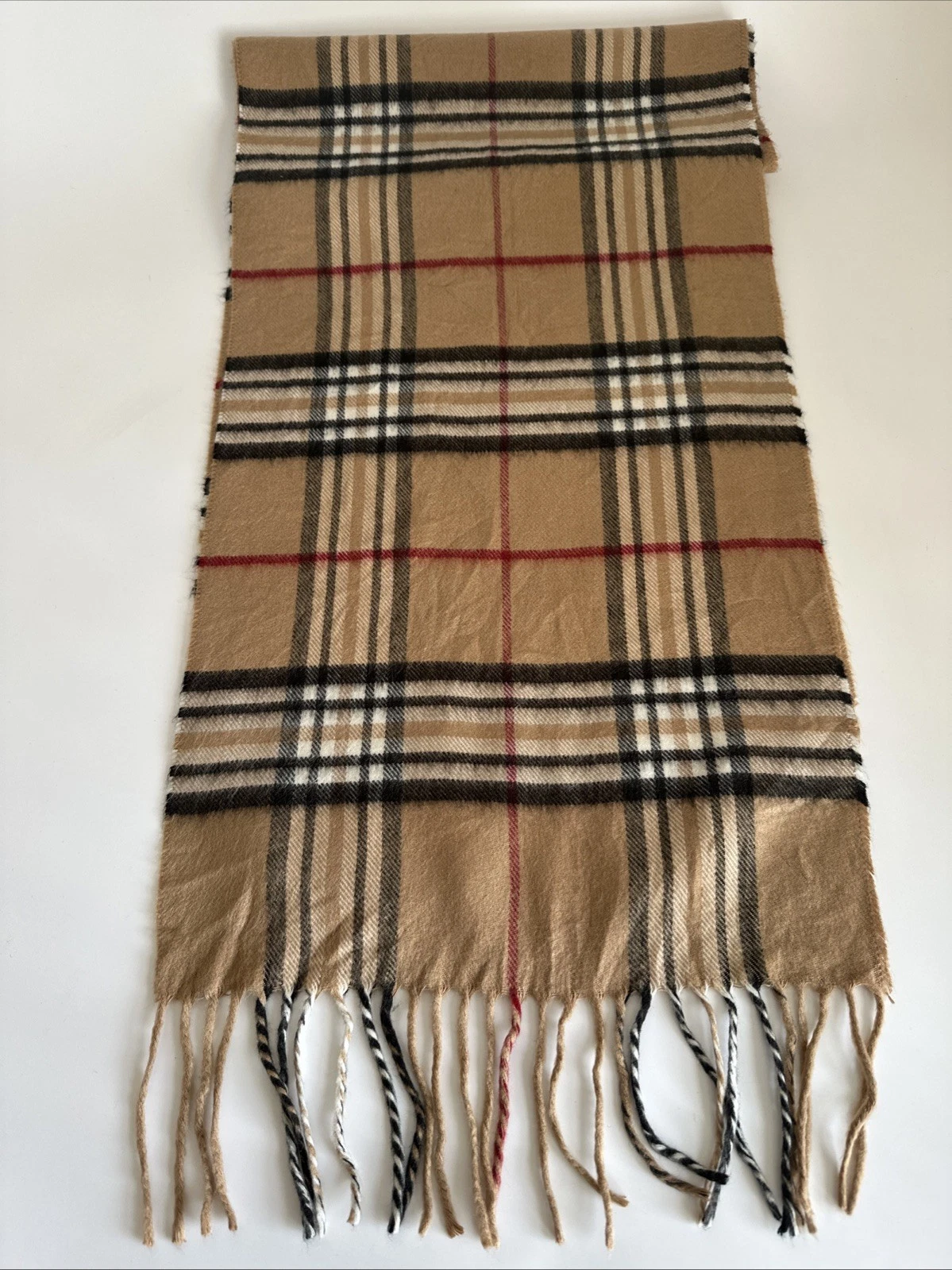 Vintage Burberry 100% Lambswool Checked Scarf, Tan Nova Check With Fringe
