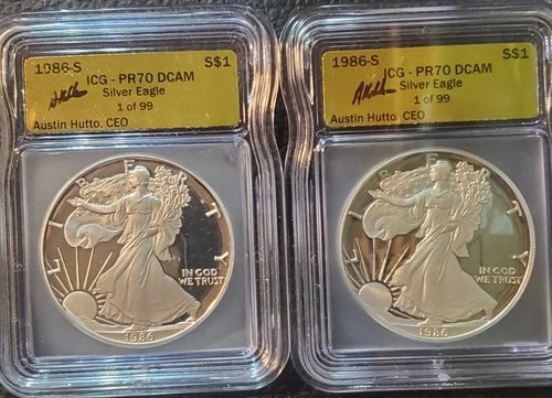 1986-S American Silver Eagle PAIR ICG PR70 DCAM First Year Of Issue 1/99 Gld Lbl