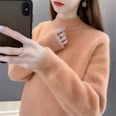 Half High Collar Knitted Sweater Women Autumn Winter Long Sleeve Pullovers Jumpe