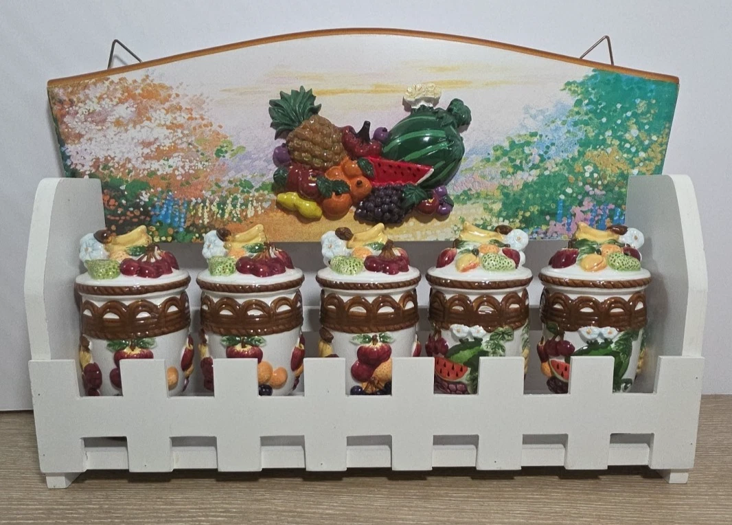 Wooden 3D Spice Rack W/ 5 Fruit Harvest Spice Shakers 8 x 14 X 3.5 In