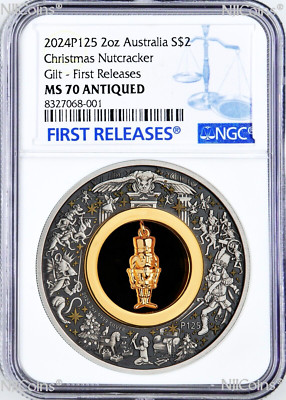 2024 Christmas NUTCRACKER 2oz Silver Gilt Insert Antiqued Coin MS70 FR