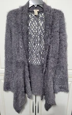 Escio Waterfall Gray Open Front  fuzzy Cardigan Crochet Sweater  Medium NN-2