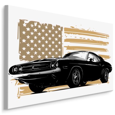 Leinwand Bild CANVAS WANDBILD XXL Muscle Car beige Flagge von USA Retro 3021