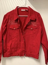 Women’s RED HAT SOCIETY Red Denim Jean Jacket Rhinestones RHS Brand Medium