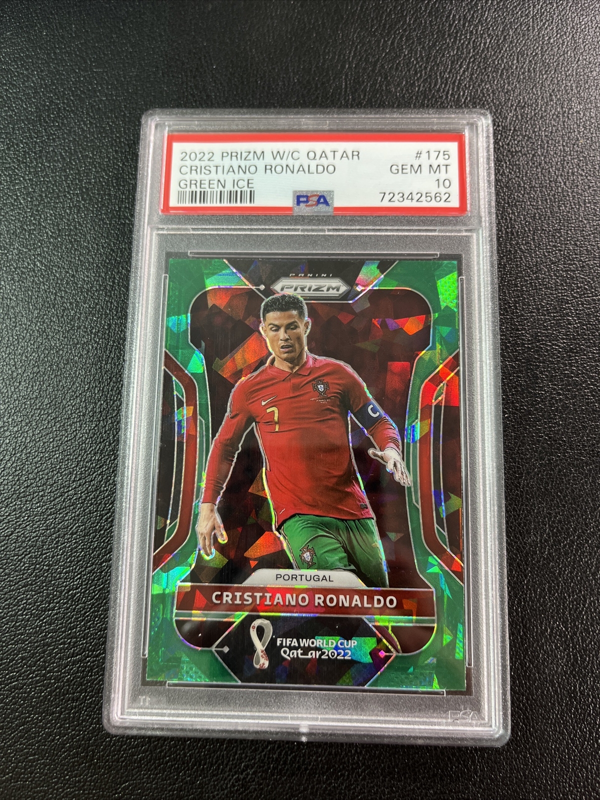 2022 Panini Prizm World Cup Crisiano Ronaldo Green Ice PSA 10 view 1