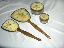Vintage 6 Pc Vanity Set Brush Beveled Hand Mirror Large Jar Small Jar Lid NICE