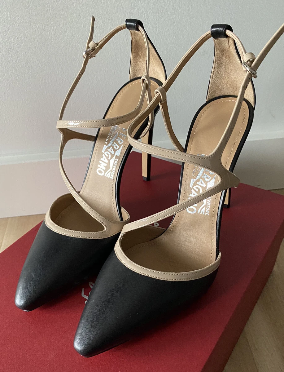 SALVATORE FERRAGAMO Febe High Heels In Black Beige Stripes Size