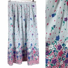Vintage Skirt Size Small Floral High Waist A Line Pleated Knee Length Blue Pink