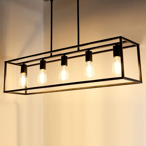 Industrial Black Chandelier Rectangle Hanging Ceiling Light Fixture Dining Room - Picture 3 of 12