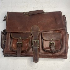 Vintage 16" Leather Laptop Briefcase Satchel 9-Pocket Padded Bag READ 