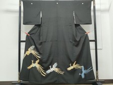 Japanese Kimono Black Tomesode Embroidery Phoenix Gold Color Pure Silk Masterpi