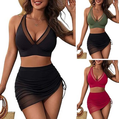 Womens High Waisted Bikini Swimwear Plus Size Bathing Suits W/Wrapped Mesh Skirt