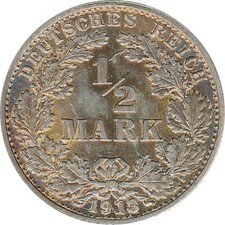 Kaiserreich J.016 1913 G Kleinm&uuml;nze 1/2 Mark Silber*