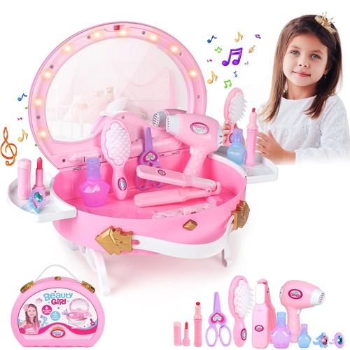 Little Princess Vanity Set, Portable Makeup Kits with Lights and Music & Real...