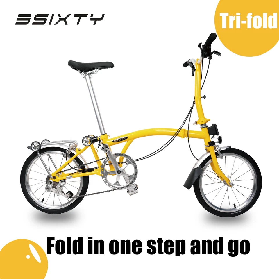 3SIXTY Faltrad im Brompton Style 4 Gang 16 Zoll Leichtes Klappfahrrad yellow - Bild 3 von 4