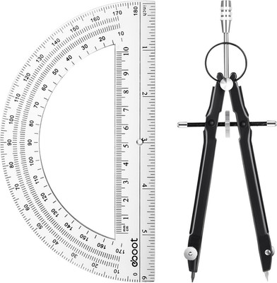 Student Geometry Math Set, Metal Drawing Compass and 6 Inch Clear Swing Arm Prot